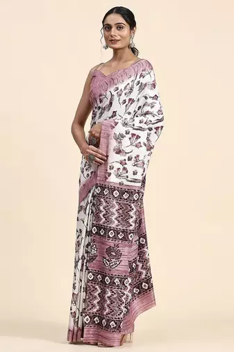 White printed crepe casual saree with blouse piece