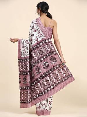White printed crepe casual saree with blouse piece 3