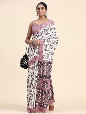 White printed crepe casual saree with blouse piece 4