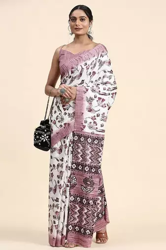 White printed crepe casual saree with blouse piece