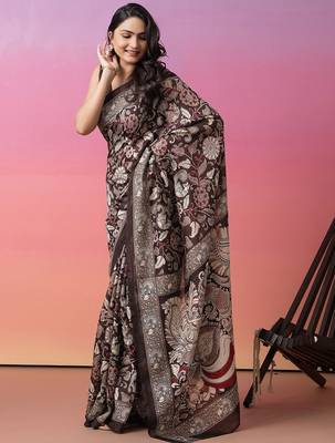 Coffee brown floral printed jute casual saree with blouse piece 1