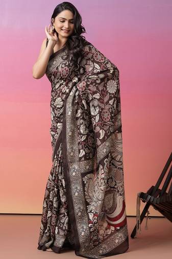 Coffee brown floral printed jute casual saree with blouse piece