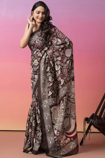 Coffee brown floral printed jute casual saree with blouse piece