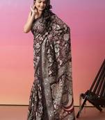 Coffee brown floral printed jute casual saree with blouse piece