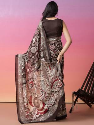 Coffee brown floral printed jute casual saree with blouse piece 2