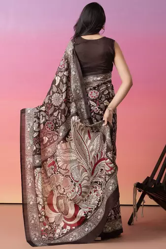 Coffee brown floral printed jute casual saree with blouse piece