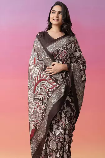 Coffee brown floral printed jute casual saree with blouse piece