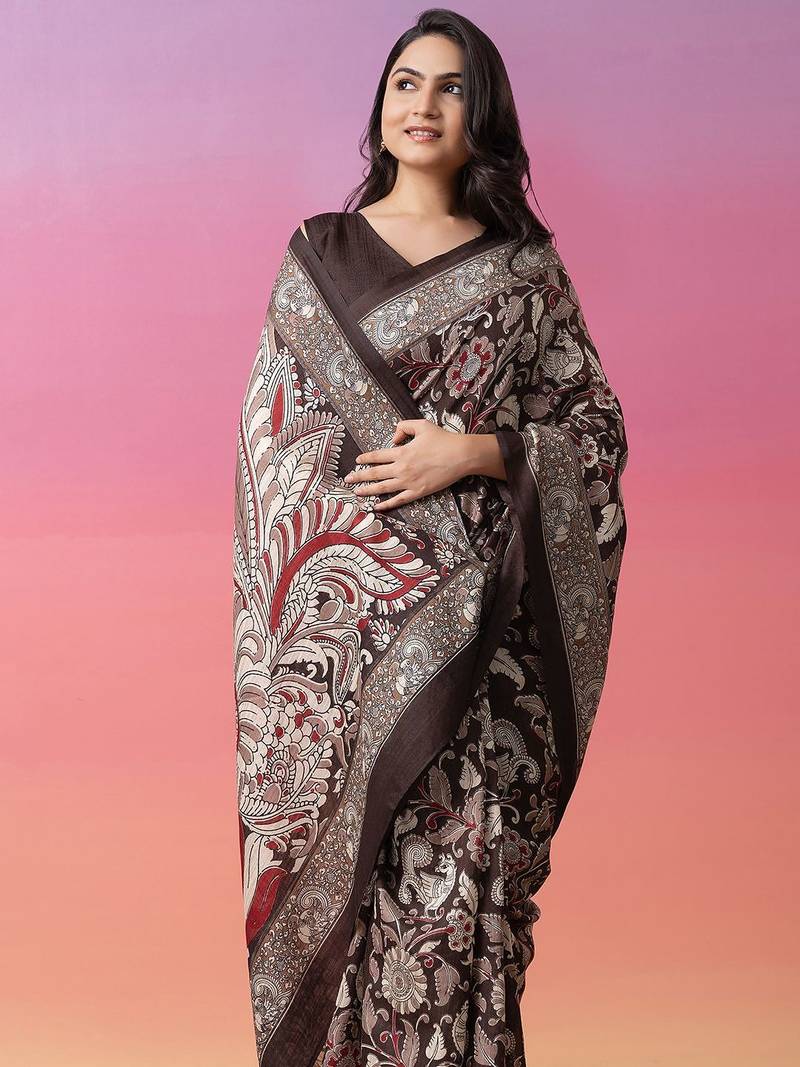 Coffee brown floral printed jute casual saree with blouse piece