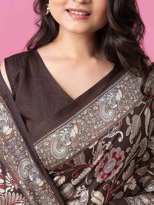 Coffee brown floral printed jute casual saree with blouse piece 5