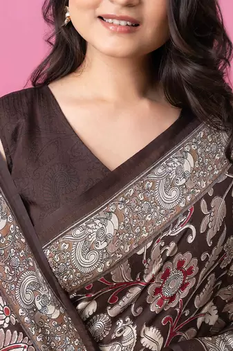 Coffee brown floral printed jute casual saree with blouse piece