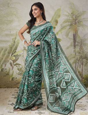 Green printed blended cotton designer saree with blouse piece 2