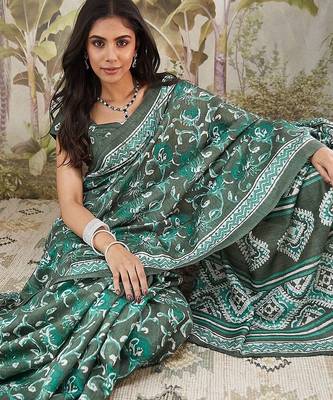 Green printed blended cotton designer saree with blouse piece 5
