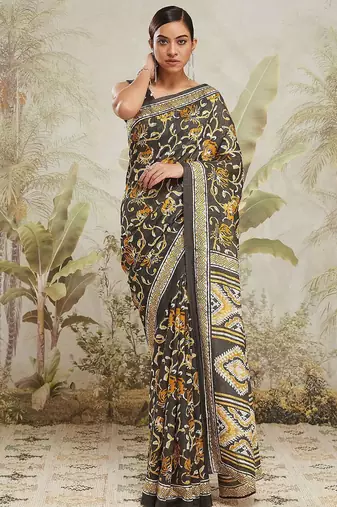 Grey floral printed jute casual saree with blouse piece