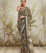 Grey floral printed jute casual saree with blouse piece