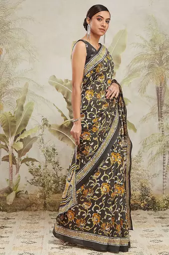 Grey floral printed jute casual saree with blouse piece