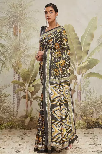 Grey floral printed jute casual saree with blouse piece