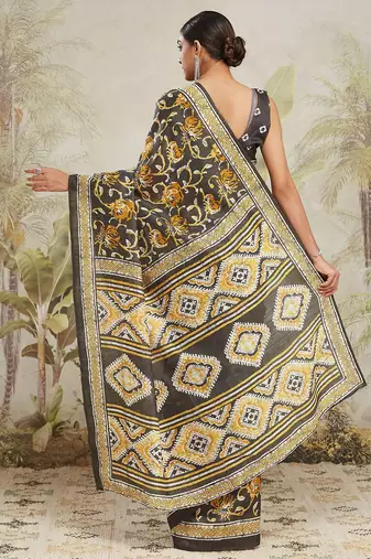 Grey floral printed jute casual saree with blouse piece