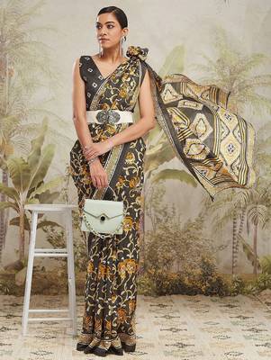 Grey floral printed jute casual saree with blouse piece 5