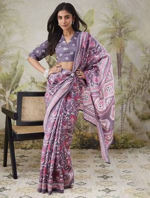 Lavender printed blended cotton designer saree with blouse piece 1