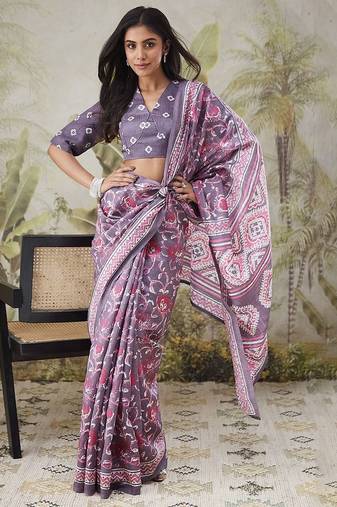 Lavender printed blended cotton designer saree with blouse piece