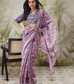 Lavender printed blended cotton designer saree with blouse piece