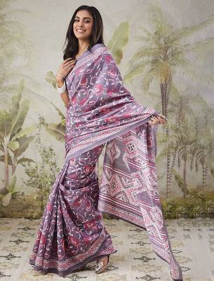 Lavender printed blended cotton designer saree with blouse piece 2
