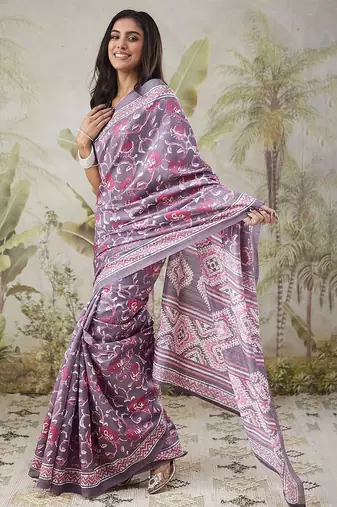 Lavender printed blended cotton designer saree with blouse piece
