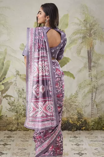 Lavender printed blended cotton designer saree with blouse piece