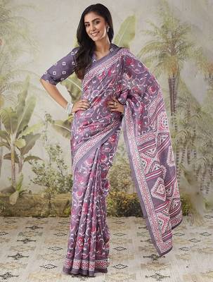 Lavender printed blended cotton designer saree with blouse piece 4