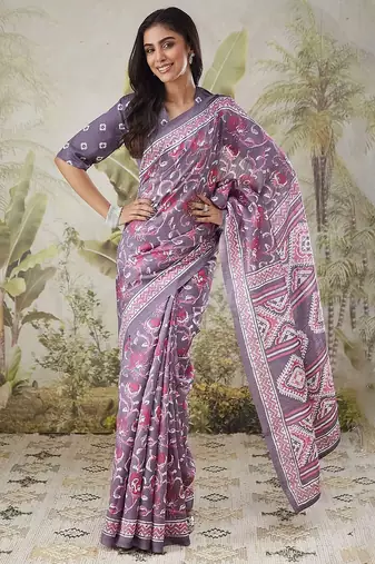 Lavender printed blended cotton designer saree with blouse piece