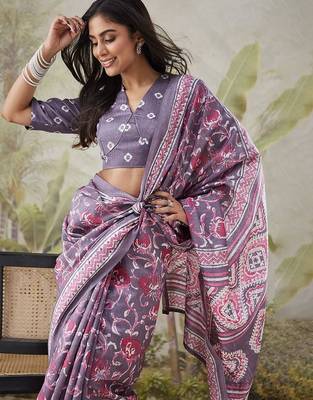 Lavender printed blended cotton designer saree with blouse piece 5