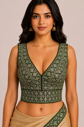 Olive green heavy embroidered silk bridal blouse | designer wedding party wear readymade saree blouse for women