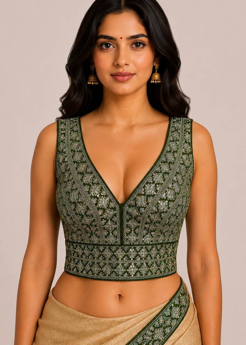 Olive green heavy embroidered silk bridal blouse | designer wedding party wear readymade saree blouse for women
