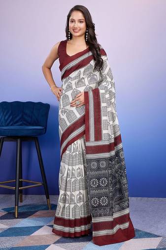 Maroon elegant printed silk cotton saree with blouse piece
