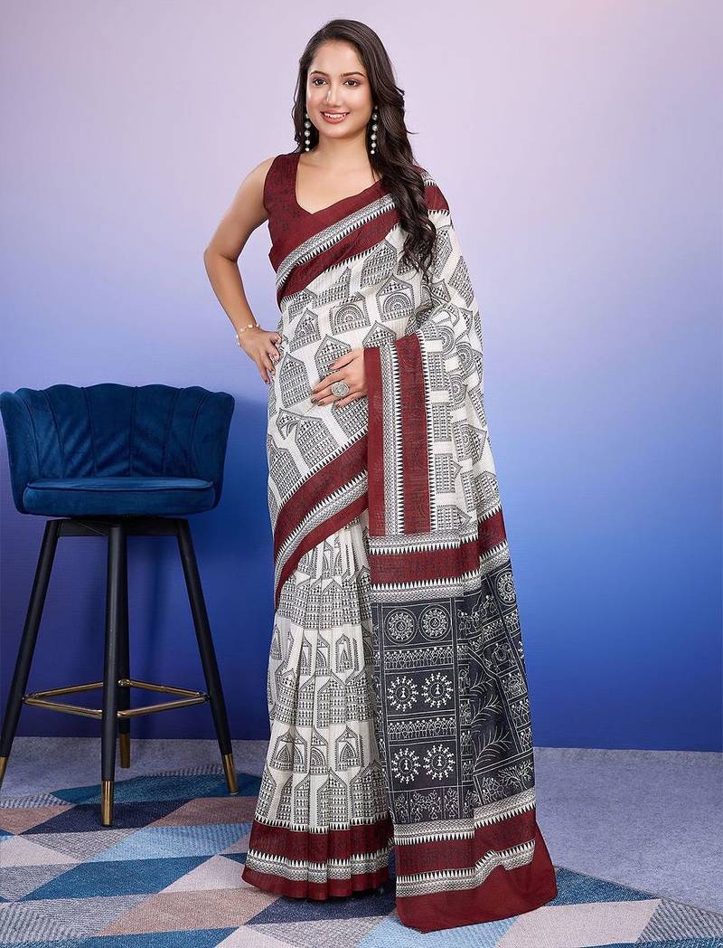 Maroon elegant printed silk cotton saree with blouse piece