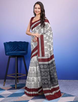 Maroon elegant printed silk cotton saree with blouse piece 2
