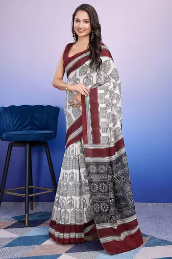 Maroon elegant printed silk cotton saree with blouse piece