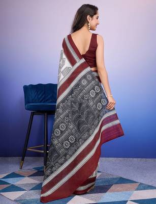 Maroon elegant printed silk cotton saree with blouse piece 3