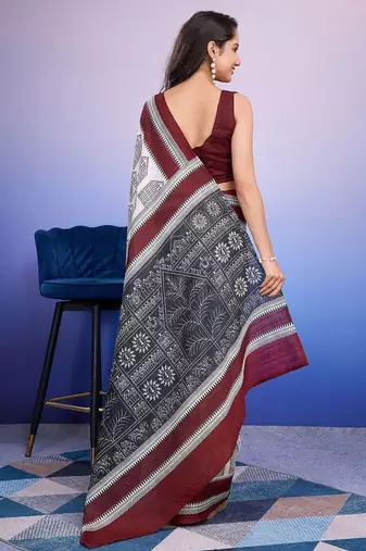 Maroon elegant printed silk cotton saree with blouse piece