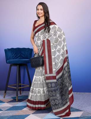 Maroon elegant printed silk cotton saree with blouse piece 4