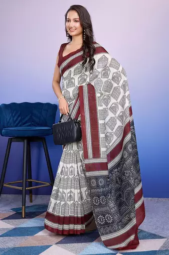 Maroon elegant printed silk cotton saree with blouse piece