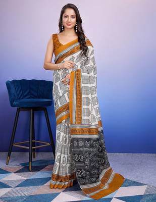 Mustard elegant printed silk cotton saree with blouse piece 1