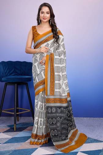 Mustard elegant printed silk cotton saree with blouse piece