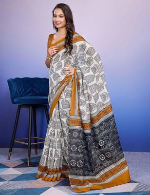 Mustard elegant printed silk cotton saree with blouse piece 2