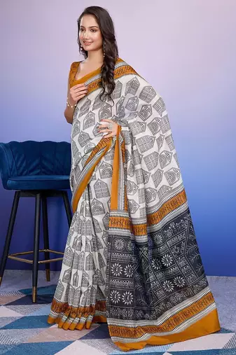 Mustard elegant printed silk cotton saree with blouse piece