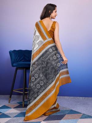 Mustard elegant printed silk cotton saree with blouse piece 3