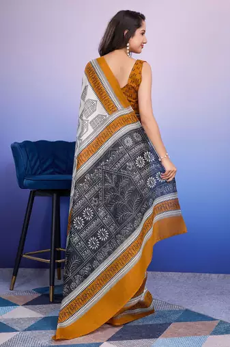 Mustard elegant printed silk cotton saree with blouse piece