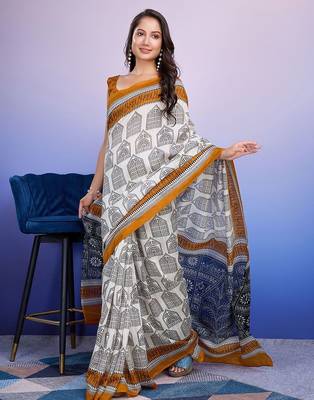 Mustard elegant printed silk cotton saree with blouse piece 4