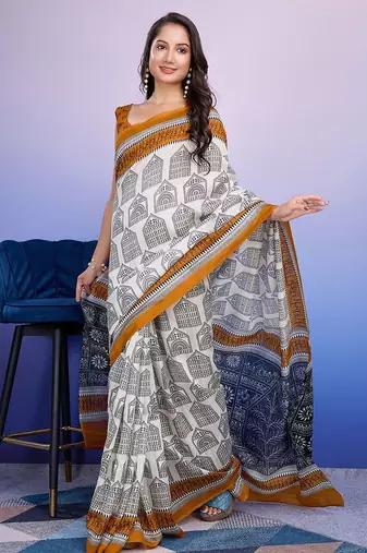 Mustard elegant printed silk cotton saree with blouse piece