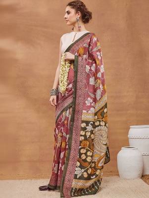 Maroon printed silk blend ethnic saree with blouse piece 1